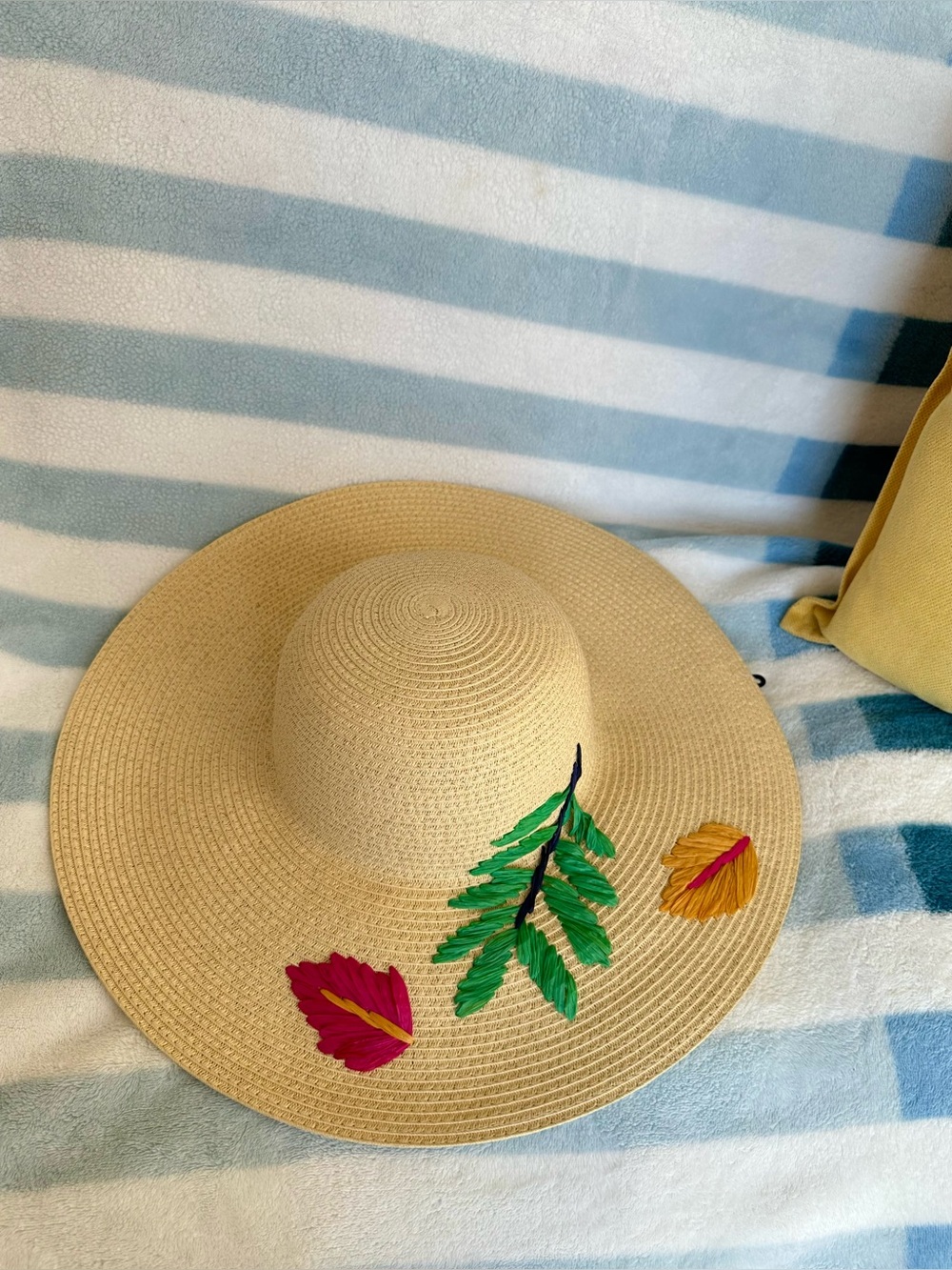 Beige Embroidered Wide-Brim Sun Hat with Colorful Leaf Accents